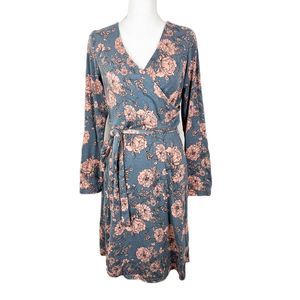 Moosungeek Dress Women Large Blue Floral All Over Print Long Sleeve Surplice